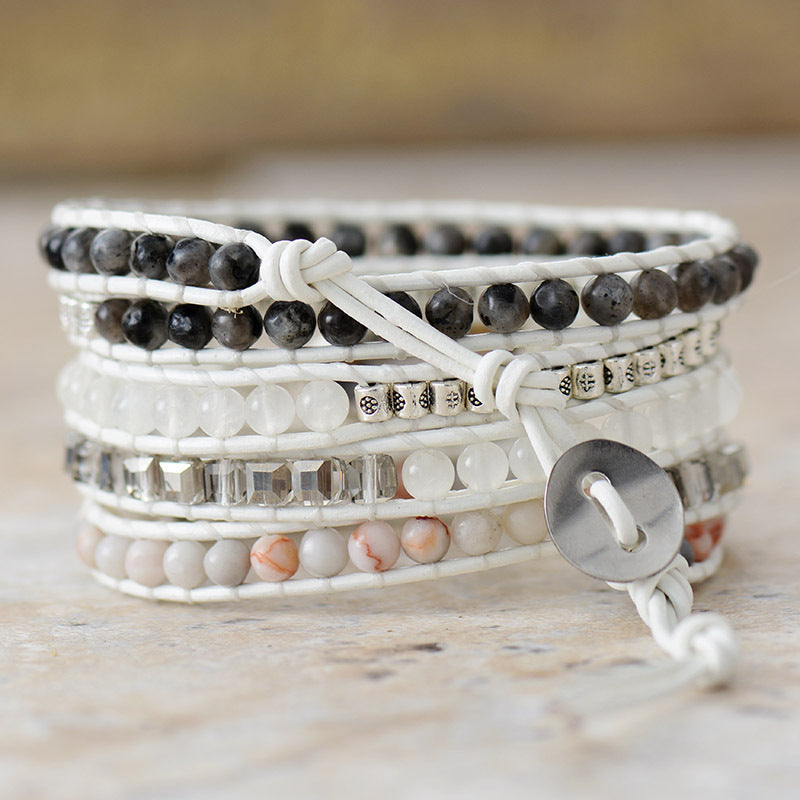 Multi-layer bracelet with natural stone beads and button clasp