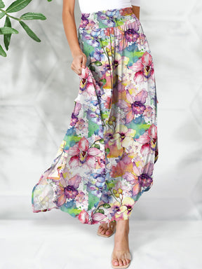 Floral smocked printed elastic waist maxi skirt front view