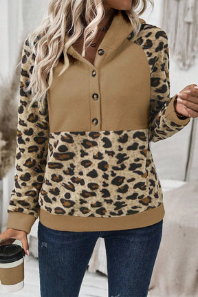 Leopard half button long sleeve hoodie front view