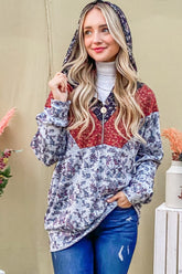 Floral printed half zip up long sleeve hoodie, front view