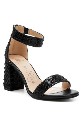 Black block sandal with rhinestones and sequins