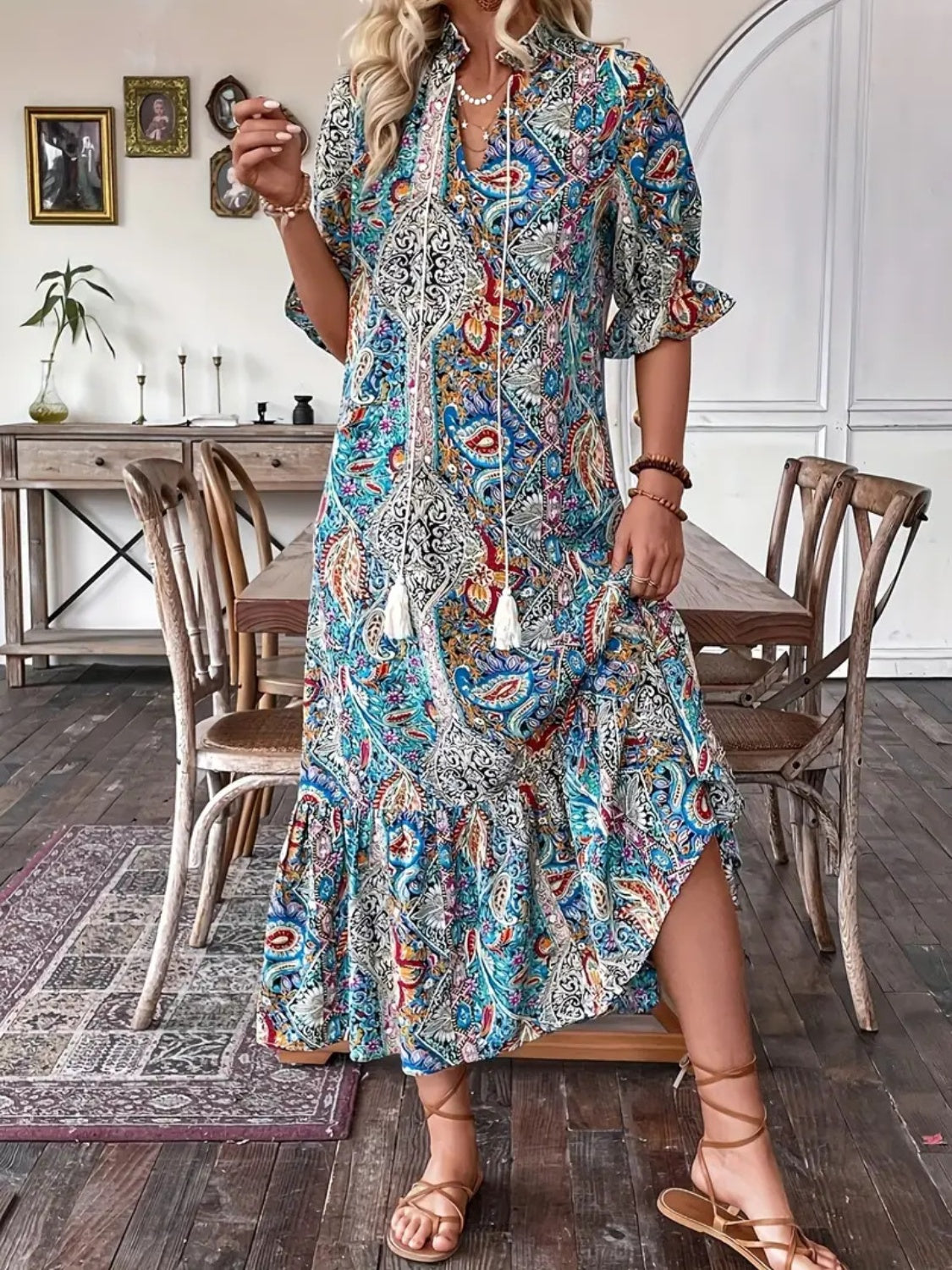 Blue printed tie neck flounce sleeve midi dress