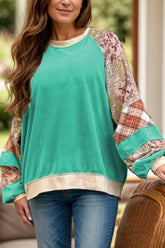 Plus size sweatshirt with printed raglan sleeves, front view.