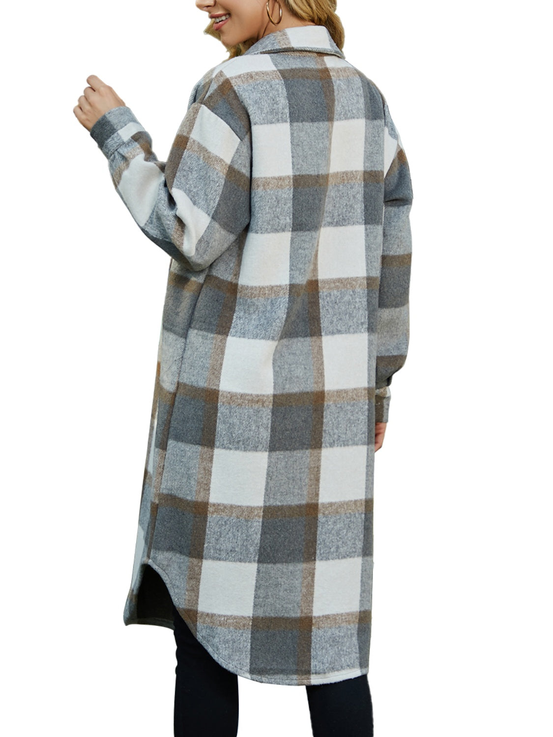 Plaid Collared Neck Long Sleeve Longline Jacket