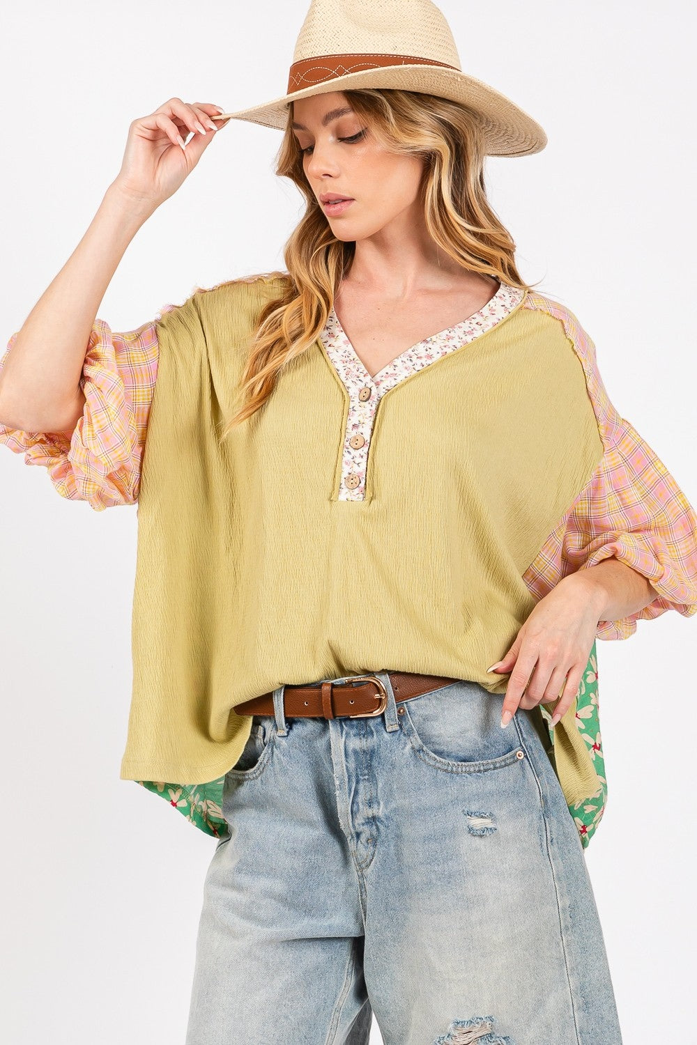 SAGE + FIG color block bubble sleeve top, front view