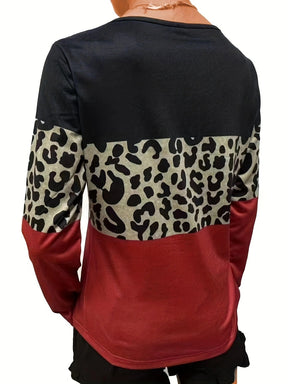 Back view of deep red crisscross color block T-shirt with leopard print.