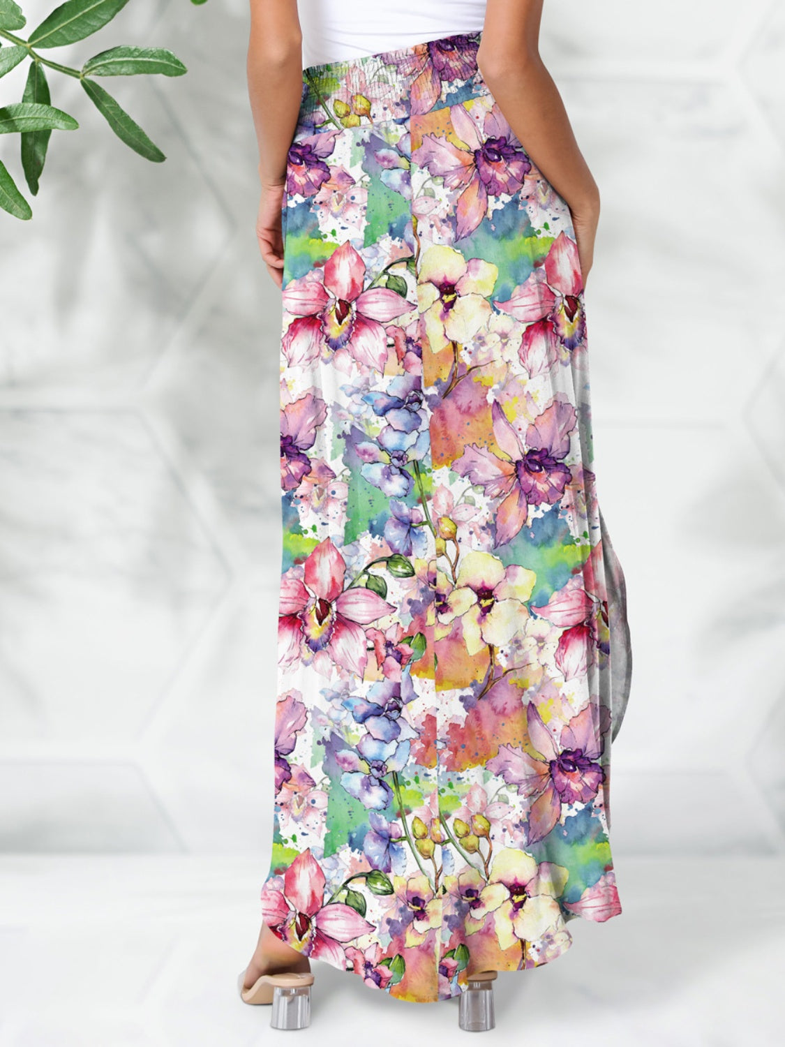 Floral smocked printed elastic waist maxi skirt back view