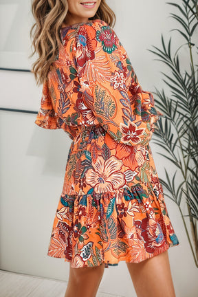 Tropical print tie waist lantern sleeve mini dress back view