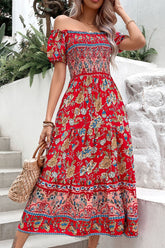 Floral off-shoulder smocked midi dress, front view