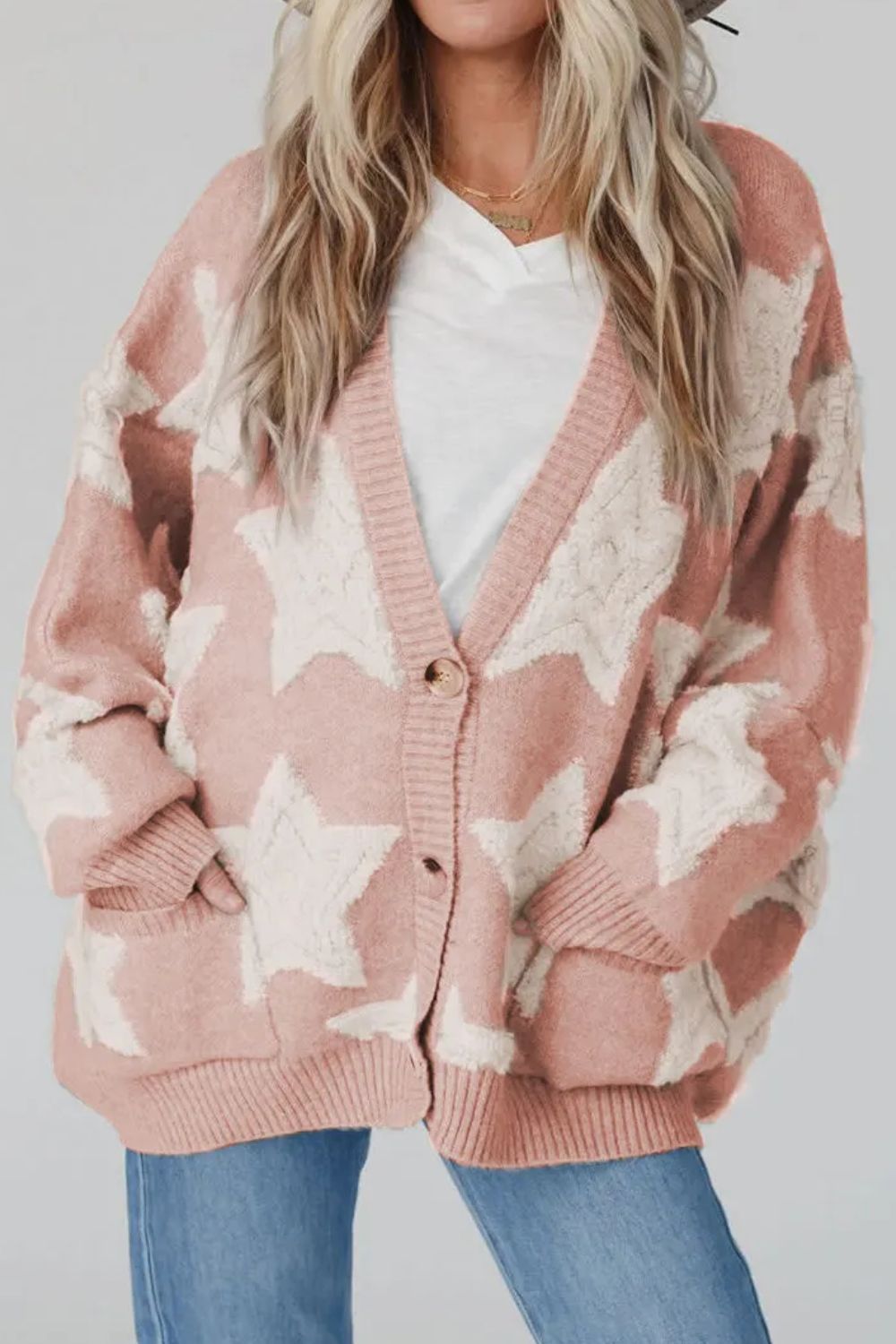 Pink star button-up long sleeve cardigan with pockets