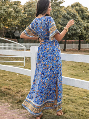 Blue slit printed V-neck half sleeve maxi dress back view