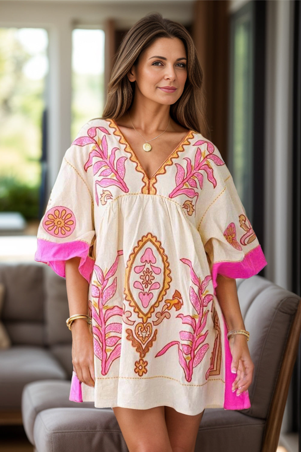 Pink and cream floral V-neck mini dress with wide sleeves