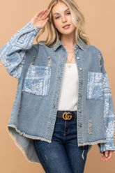 Paisley print quilted sleeves denim jacket, front view