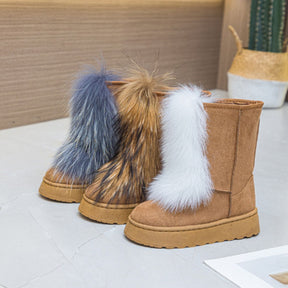 Camel suede platform boots with white fur trim