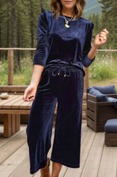 Navy velvet lounge set with round neck and drawstring pants