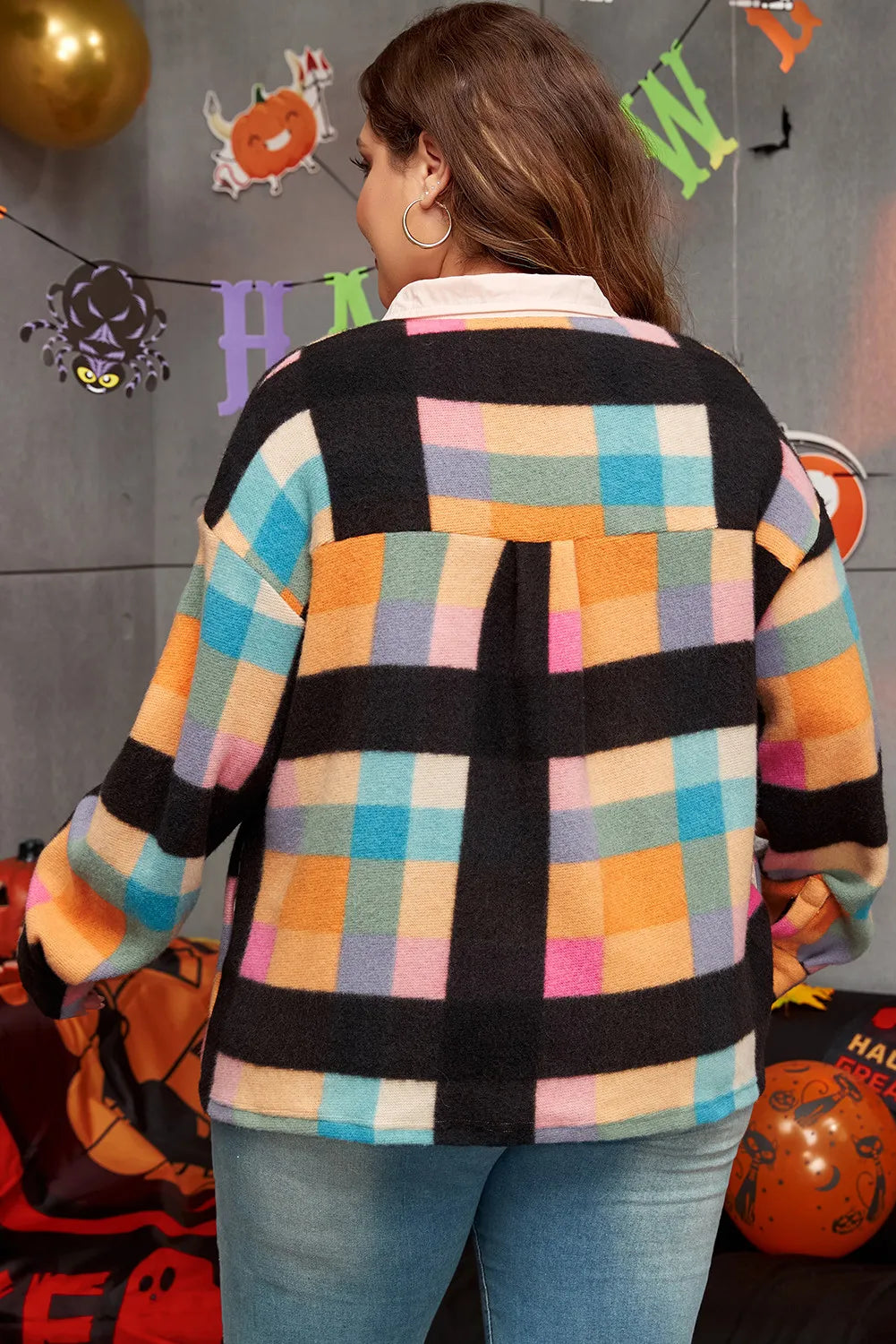 Plus size color block half snap sweatshirt back view