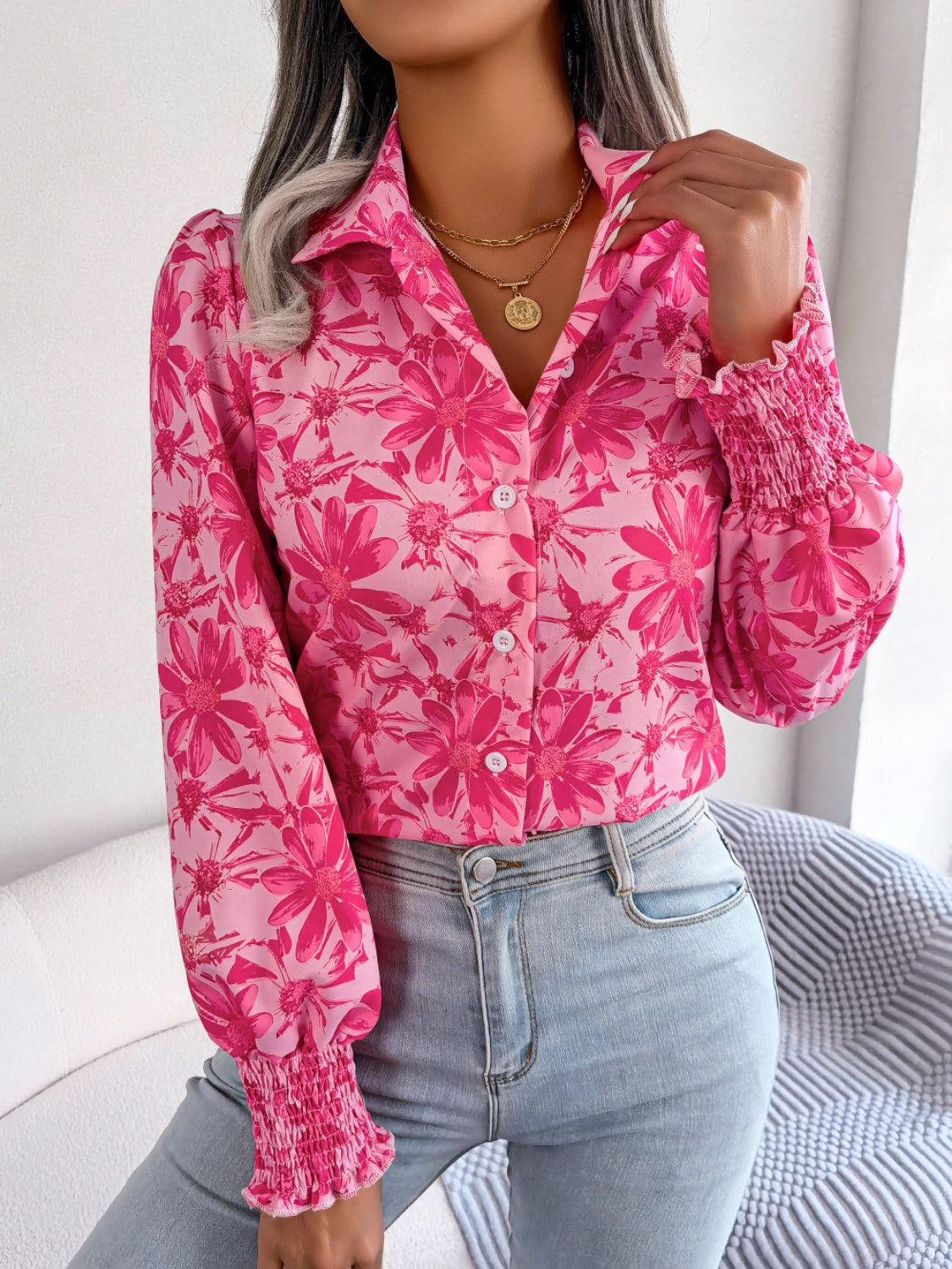 Deep rose floral collared neck long sleeve shirt