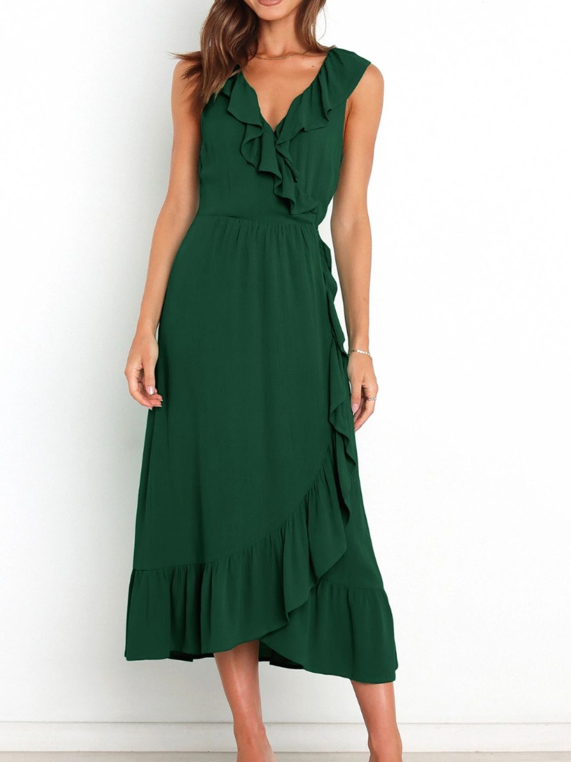 Dark green ruffled surplice sleeveless midi dress front view