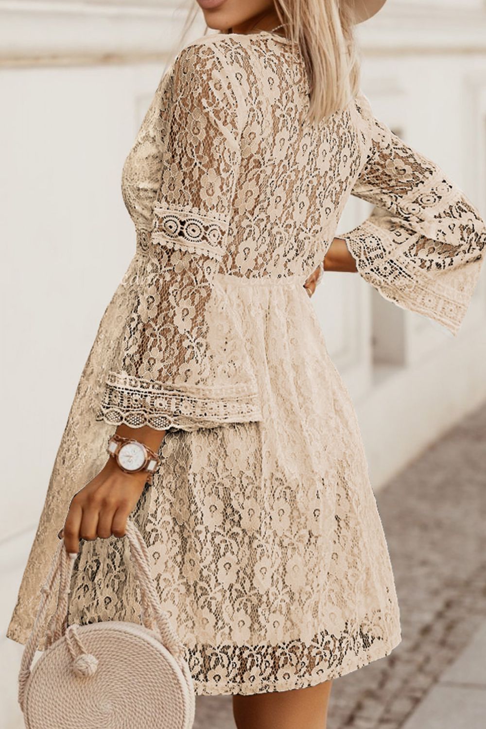 Lace V-neck three-quarter sleeve dress, back view