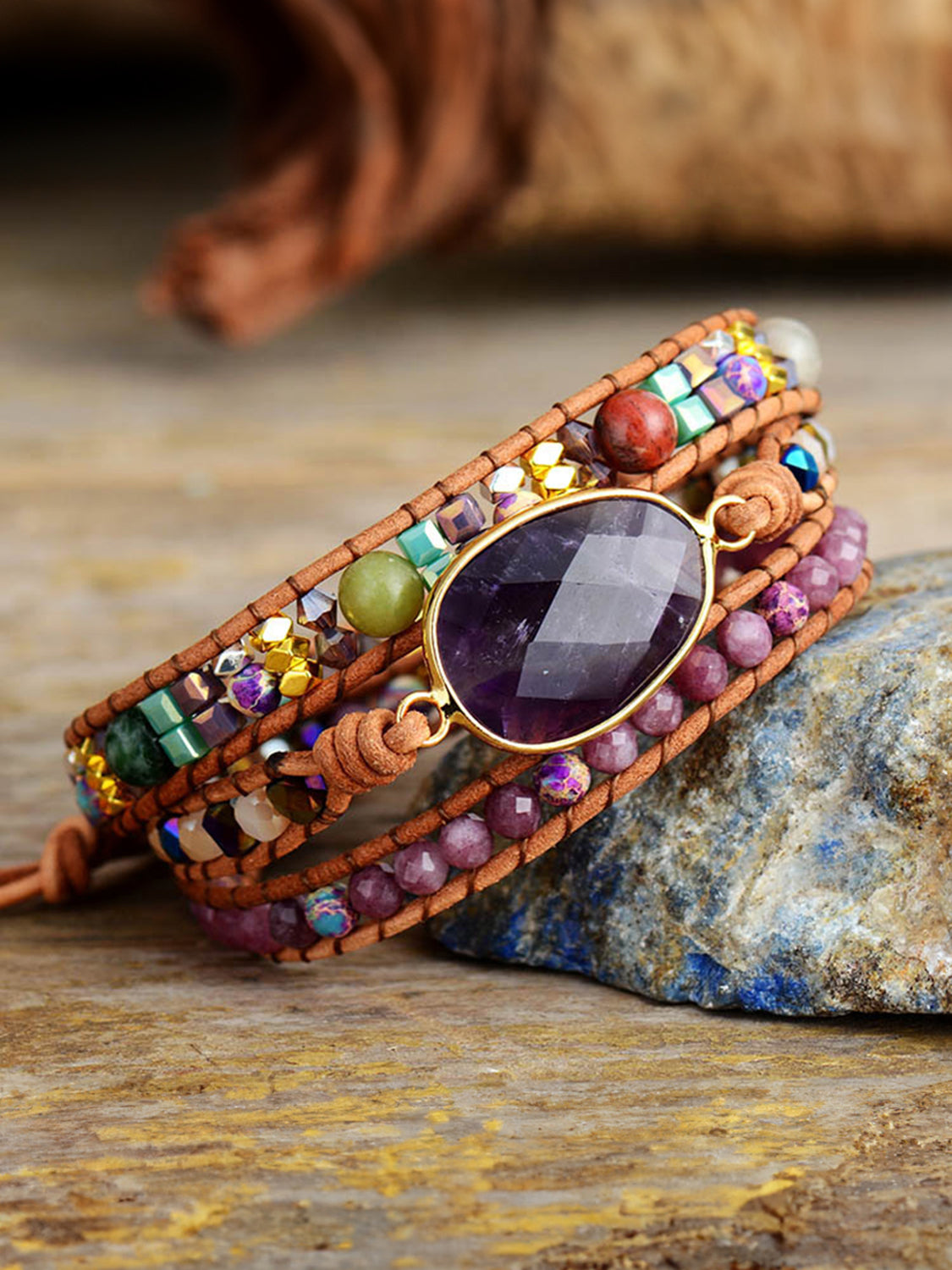 Close-up of triple-layer amethyst bracelet