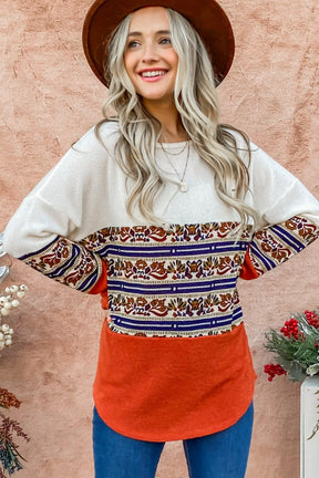 Boho style ethnic print top with rust accents