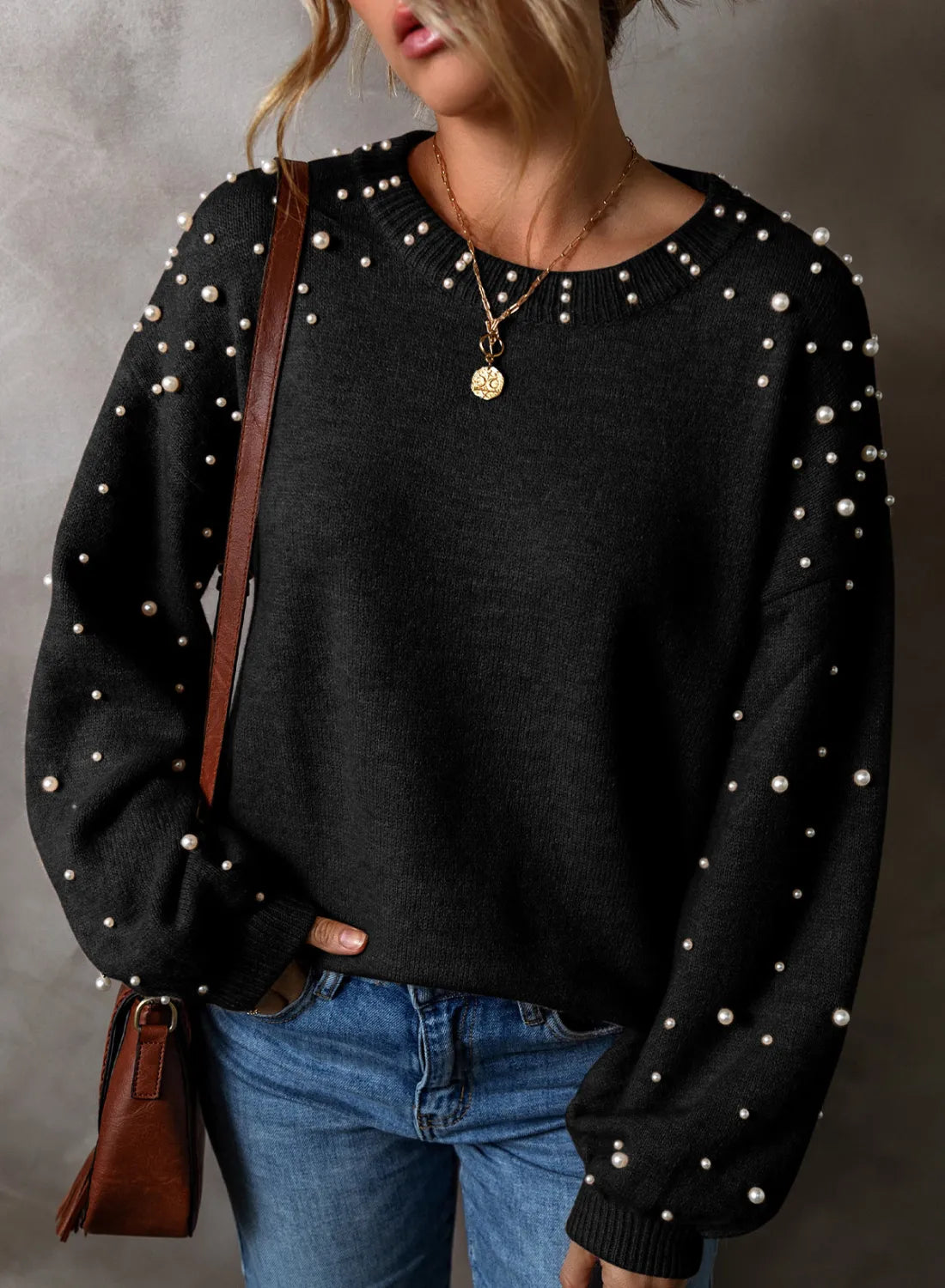 Black pearl detail round neck long sleeve sweater