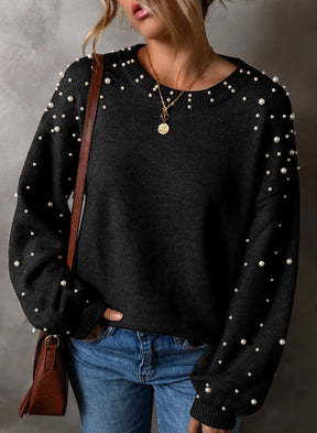 Black pearl detail round neck long sleeve sweater