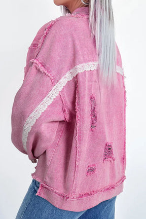 Pink lace detail distressed denim jacket, back view