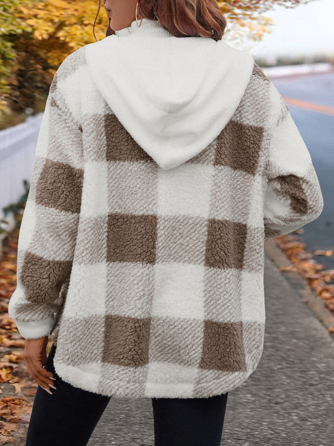 Fuzzy plaid button-up hooded jacket, back view