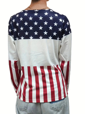 Back view of navy crisscross color block T-shirt with star and stripe pattern.