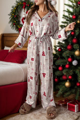 Festive printed long sleeve lounge set by Christmas tree