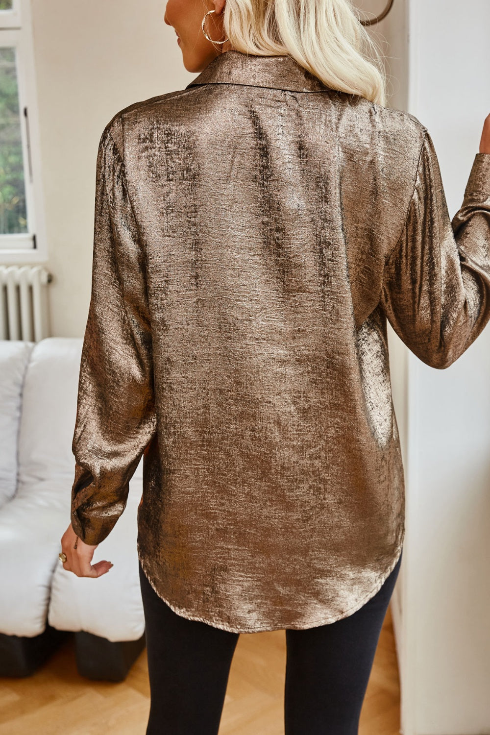 Metallic pocketed collared neck long sleeve shirt, back view