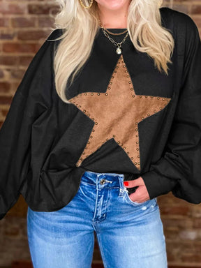 Black star round neck long sleeve blouse