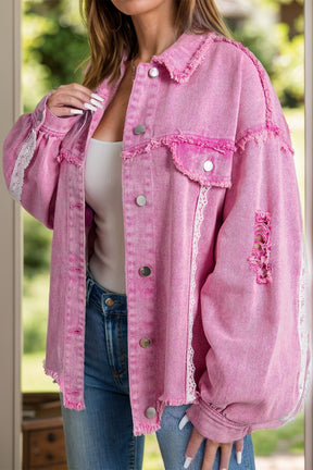 Pink lace detail distressed denim jacket, front view