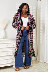 Full size multicolored fringe hem cardigan, front view