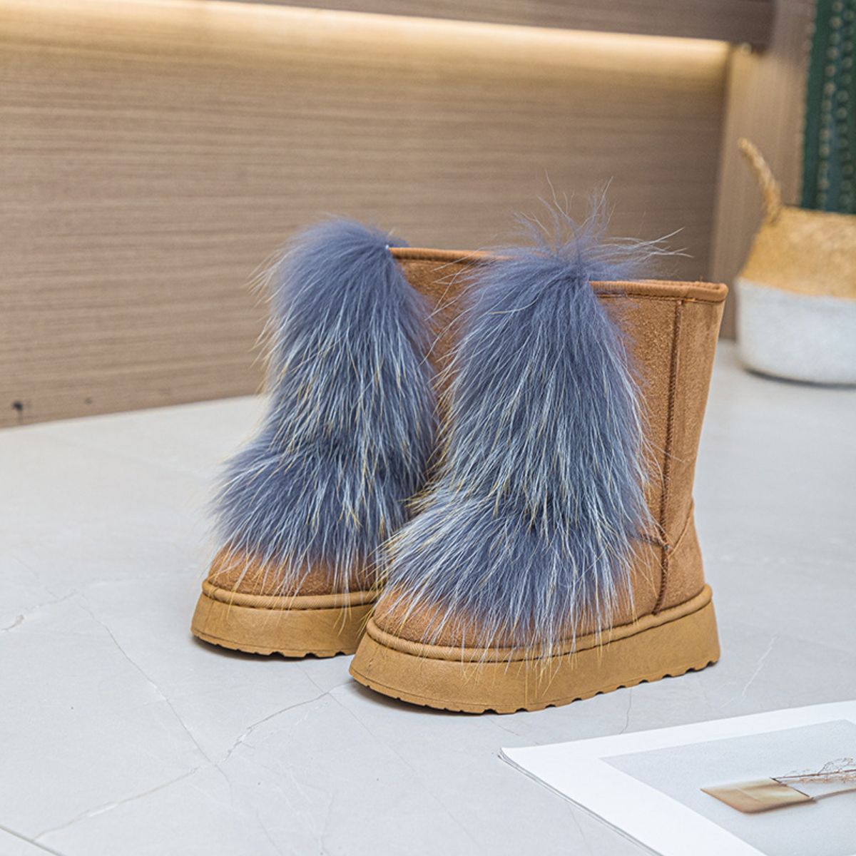 Camel suede platform boots with blue fur trim