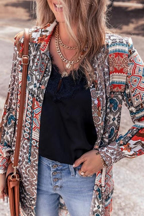 Close-up of Persy Button Down Cardigan with boho print