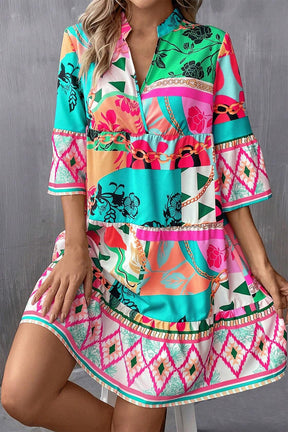 Colorful printed surplice half sleeve mini dress worn