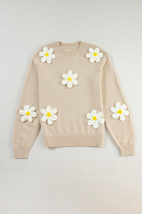 Beige sweater with white crochet flowers, round neck.