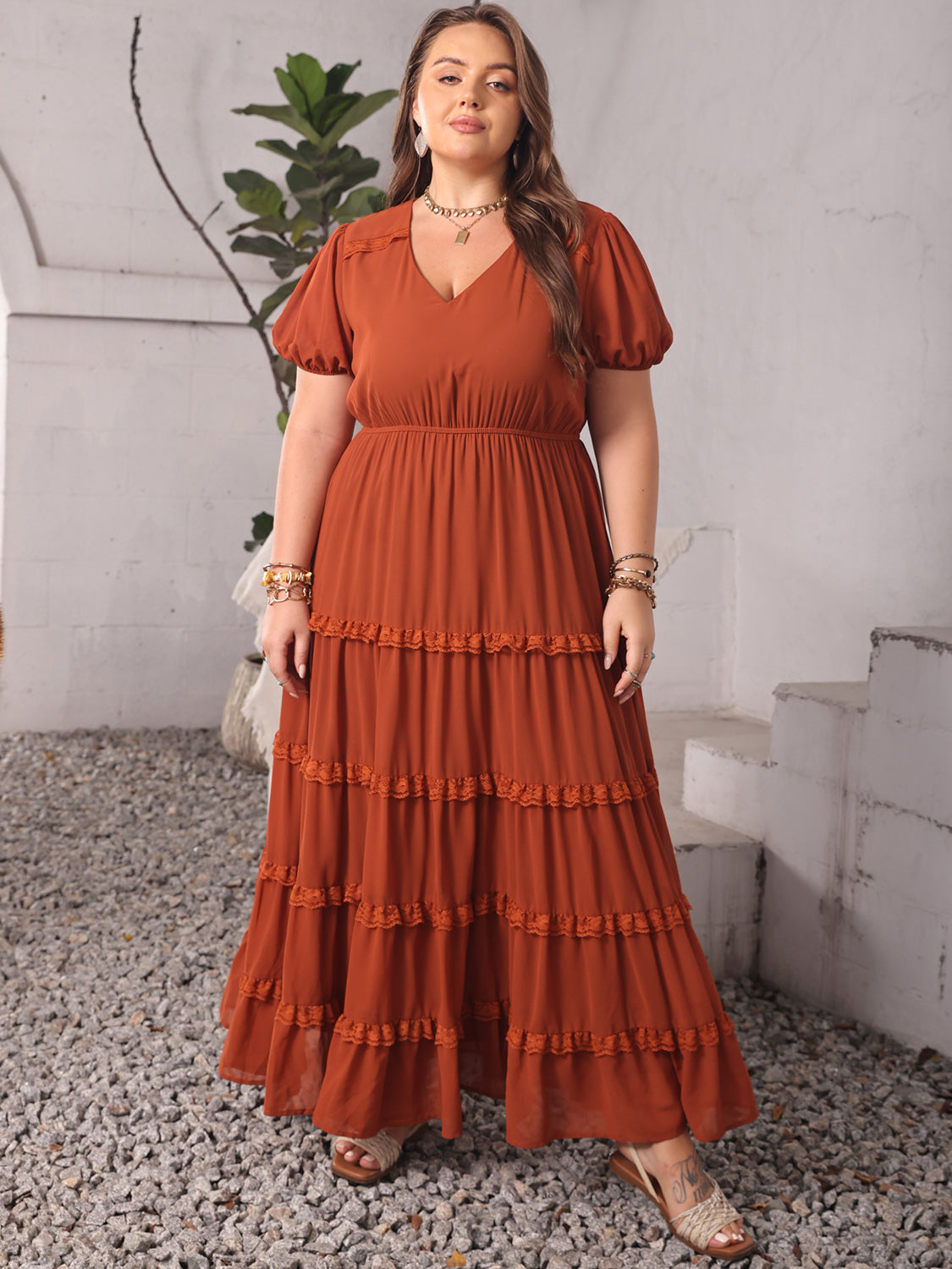 Plus size ruched lace detail V-neck dress, front view