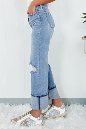 Distressed straight jeans with pockets, side view