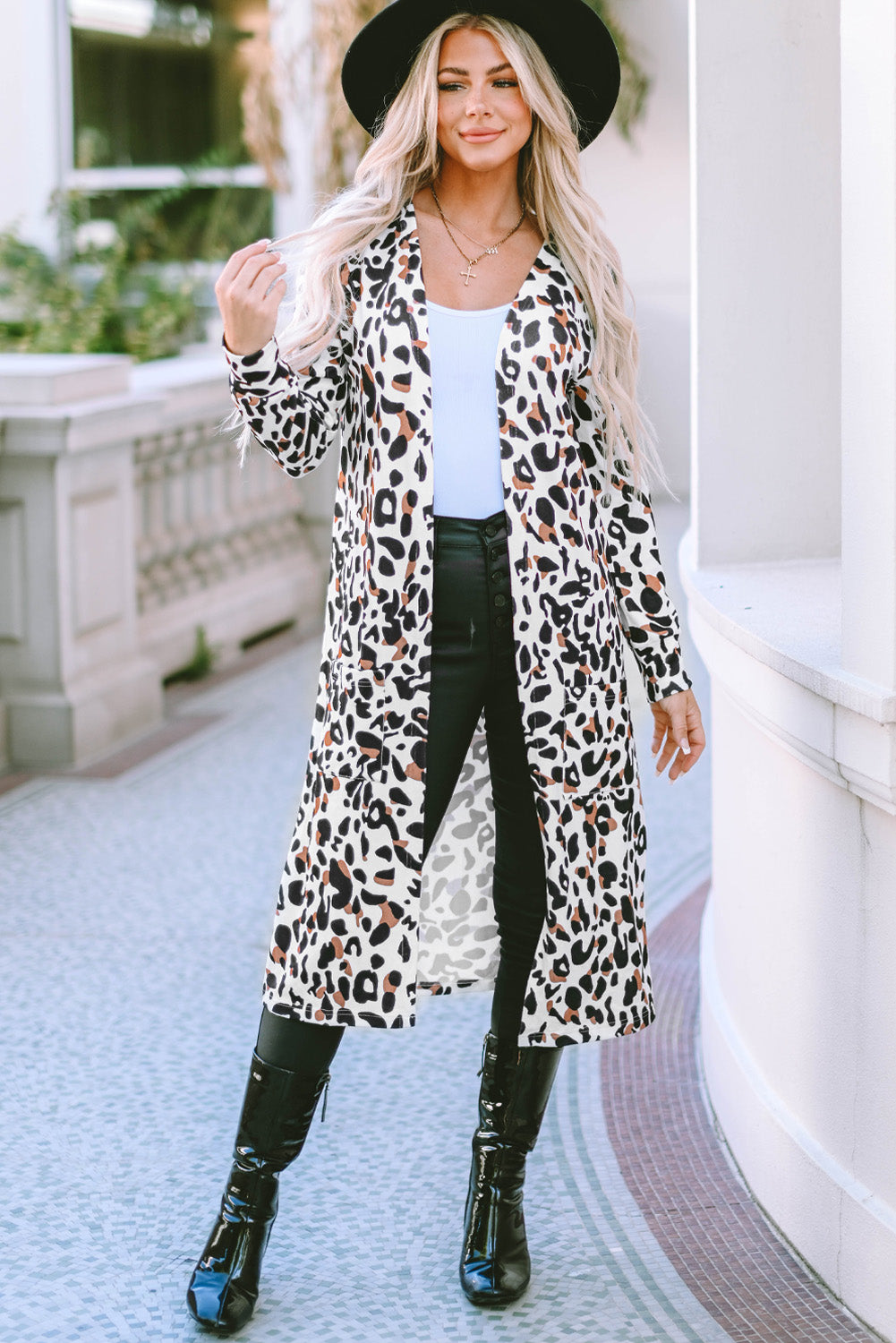 Leopard open front long sleeve cover up, stylish cardigan