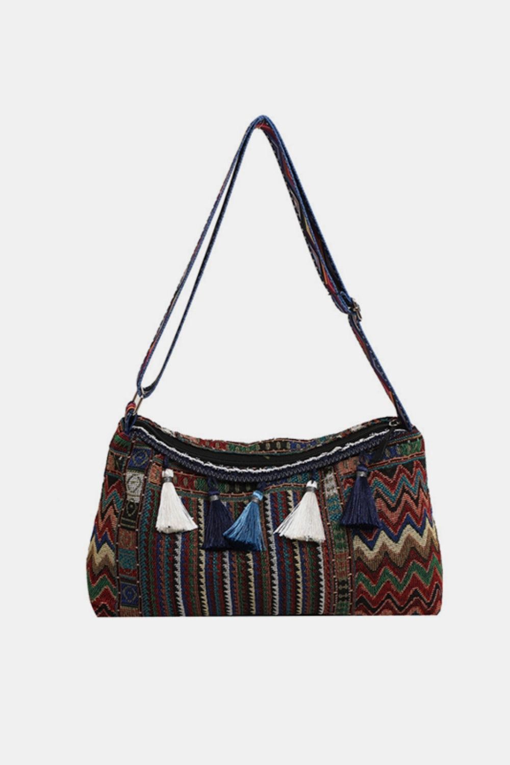 Striped geometric tassel shoulder bag with adjustable strap