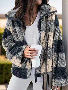 Tan plaid zip up long sleeve jacket, trendy and comfortable.