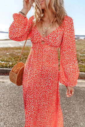 Close-up of boho printed V-neck long sleeve midi dress