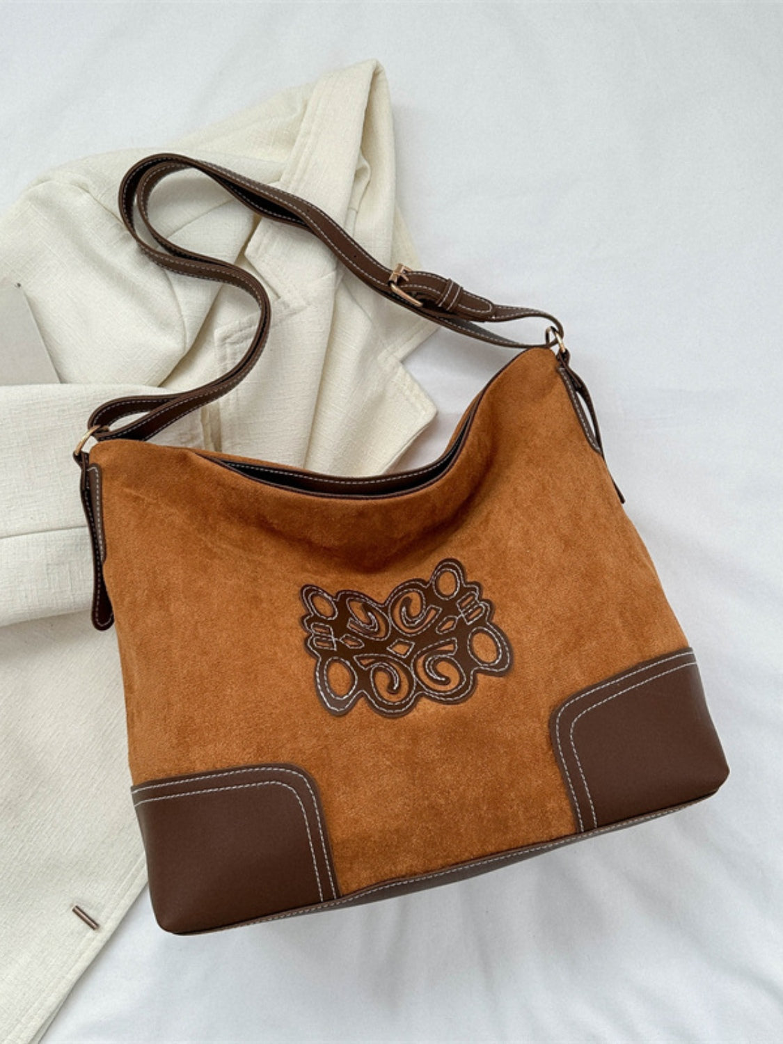 Ochre suede patch tote bag with adjustable strap