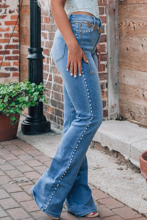 Pearl Trim High Waist wide leg Jeans