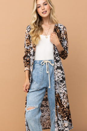 Leopard kimono open front longline cardigan, close-up front