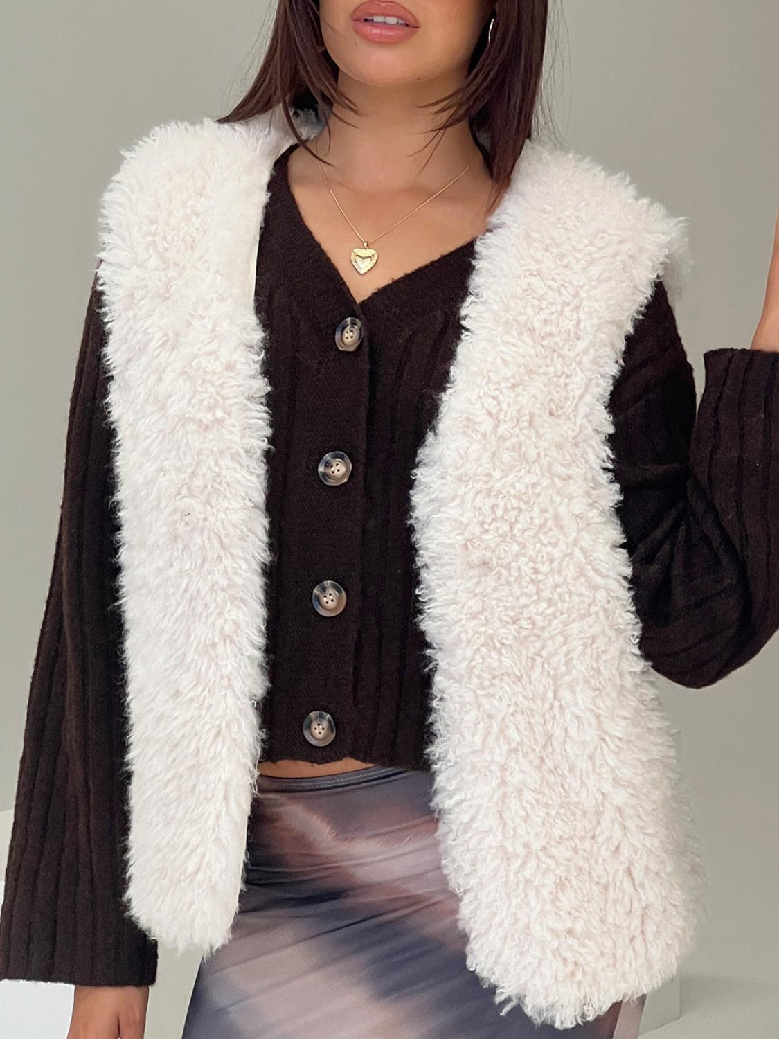 Fuzzy open front vest coat in cream, boho style