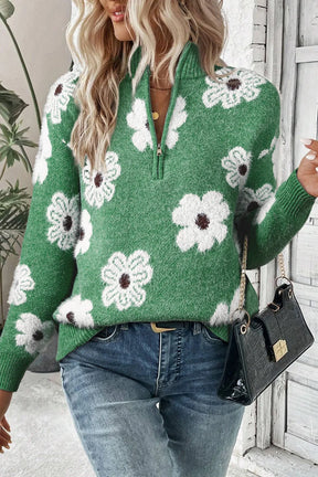 Green flower half zip long sleeve sweater